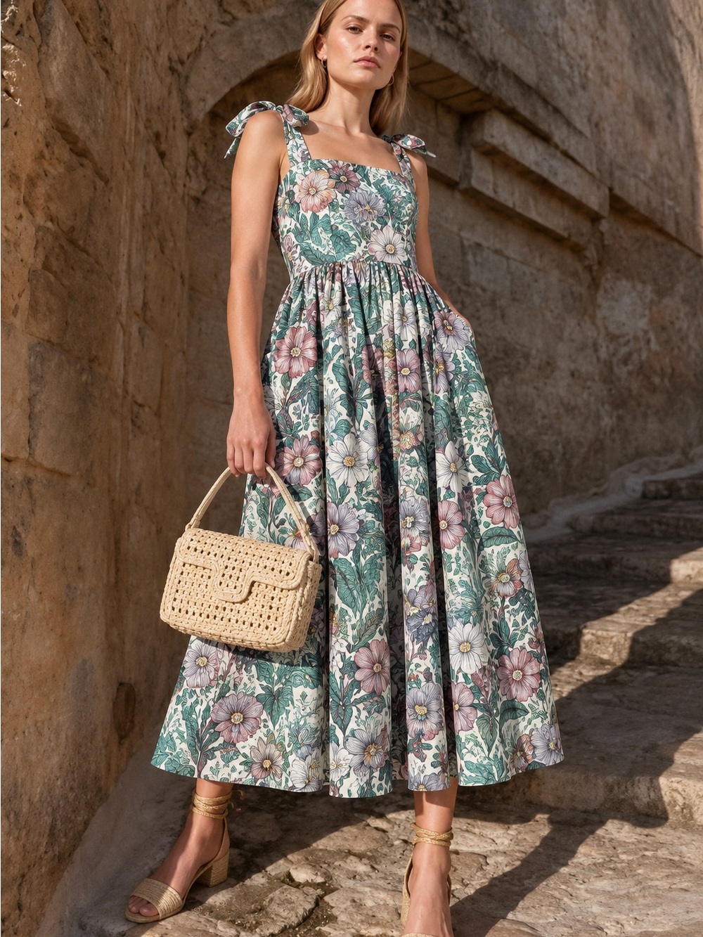 Tory Burch Tie Shoulder Hibiscus Floral Beach Dress Midi Size Small